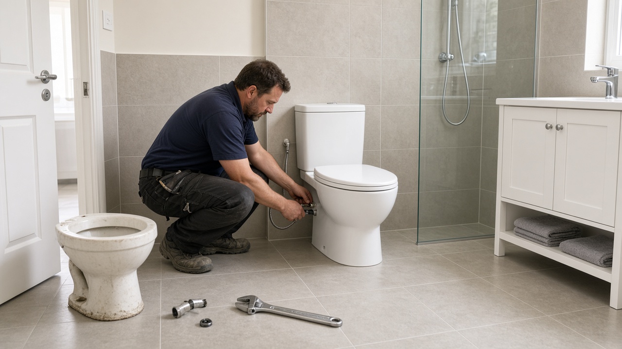 Plumber connecting a new toilet suite with the old toilet beside the door