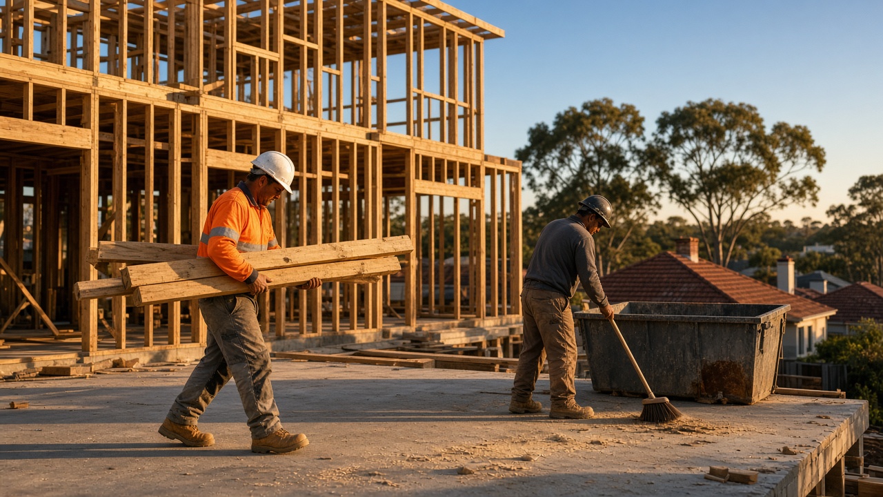 Two labourers in hi-vis and hard hats carrying timber and sweeping a slab on a Sydney house build at sunrise