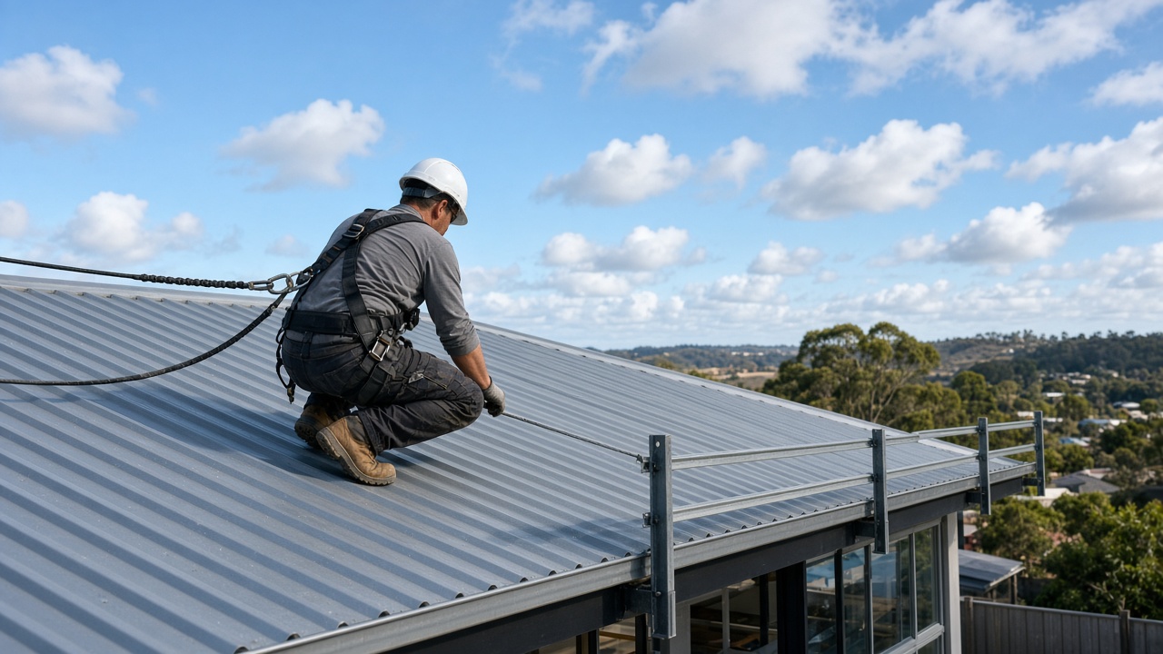 Worker in a full body harness clipped to an anchor on a roof, showing working at heights ticket training